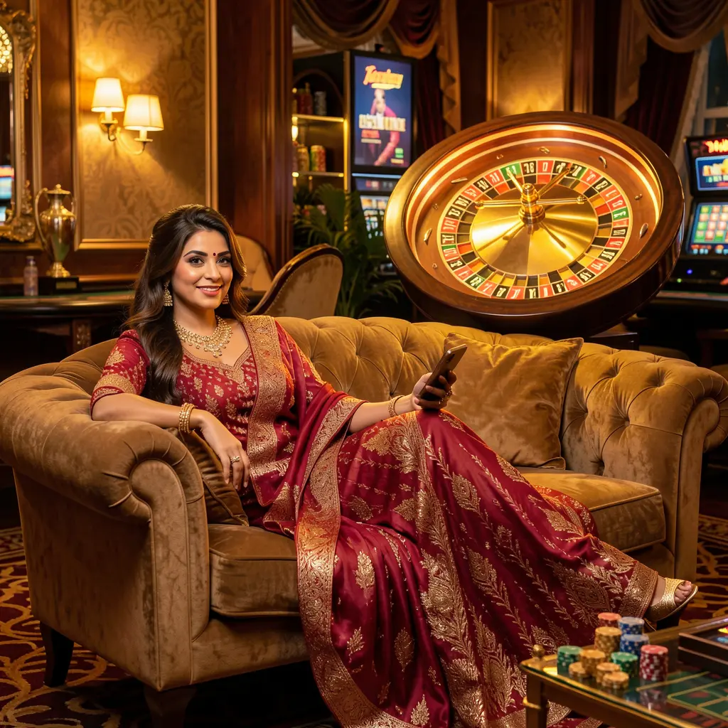 Elegant Bangladeshi woman relaxing on a luxury sofa while using the AAGO GAME app with a glowing roulette wheel and casino chips behind her