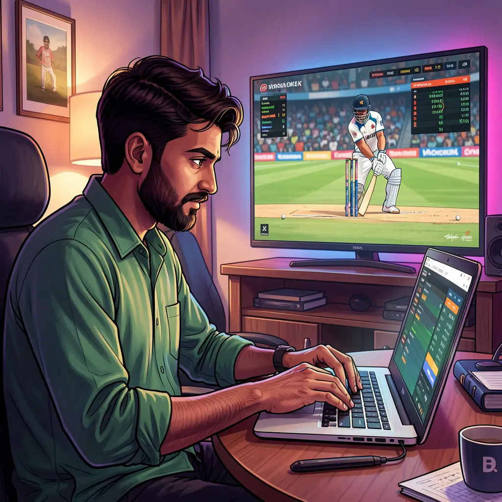 Confident Bangladeshi sports bettor placing online bets on a laptop while watching a live cricket match on TV using AAGO GAME