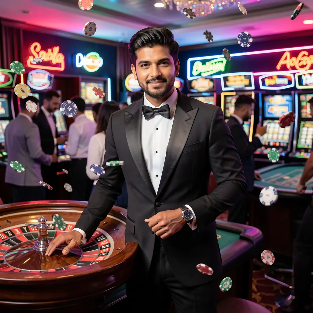 Stylish casino presenter in a tuxedo with flying chips and roulette lights showcasing the premium live casino environment of AAGO GAME in Bangladesh