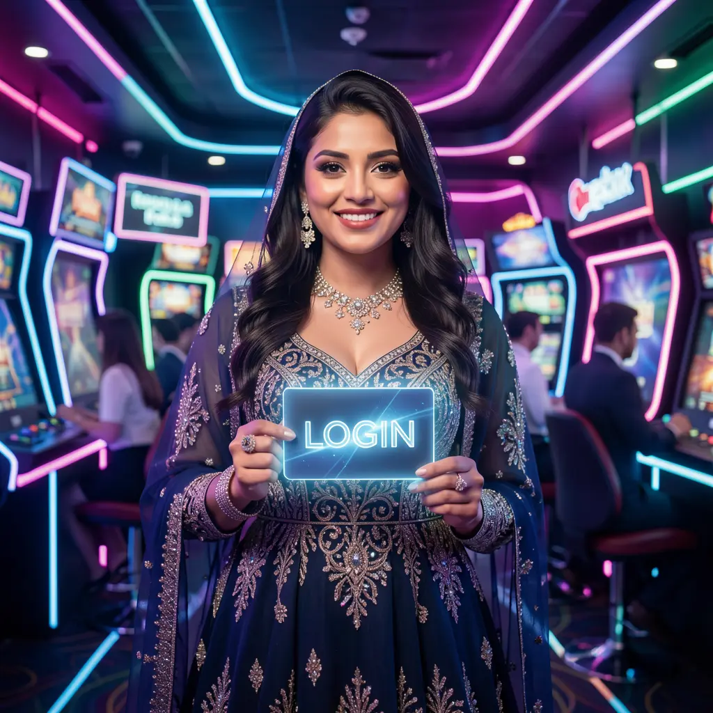 Stylish Bangladeshi woman holding a glowing login card inside a futuristic neon casino environment at AAGO GAME