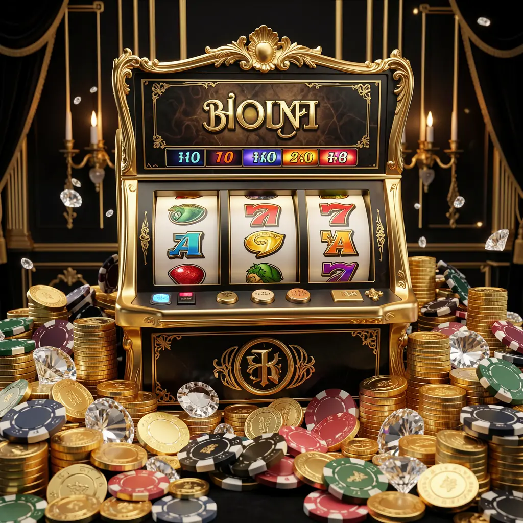 Elegant slot machine with golden details and flying coins representing premium slot gaming at AAGO GAME in Bangladesh